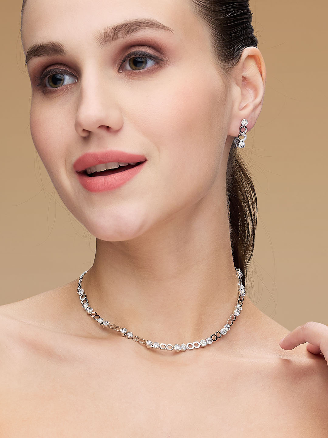 ASMITTA JEWELLERY Rhodium-Plated Cubic Zirconia-Studded Delicate Choker Jewellery Set