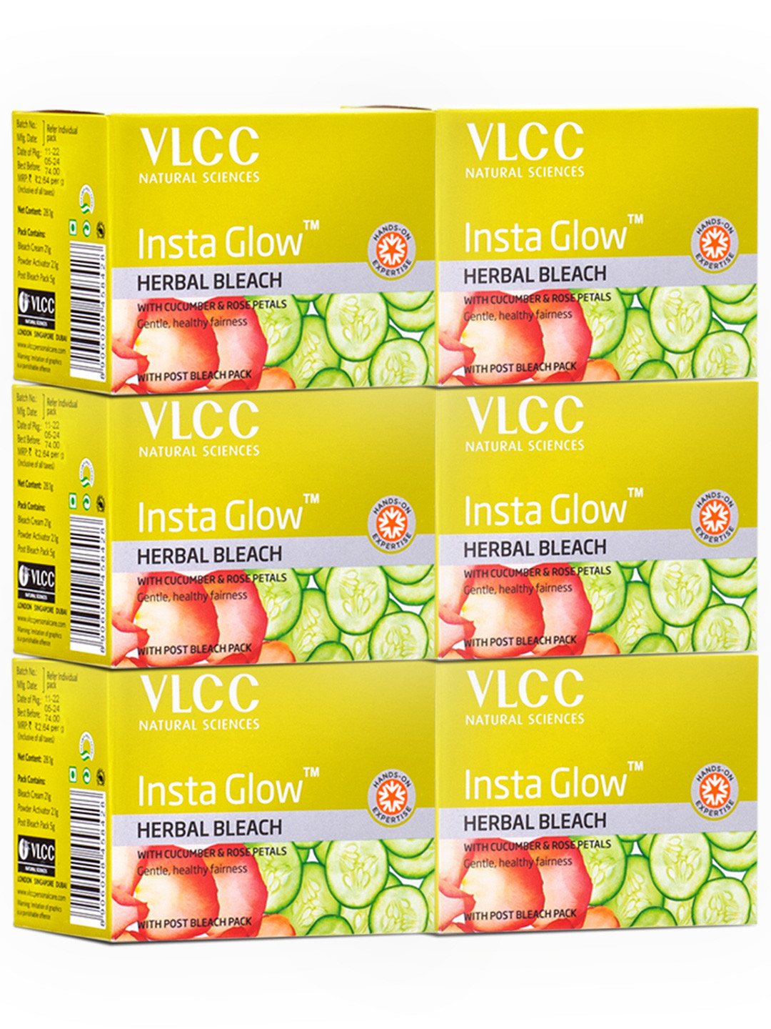 VLCC Set Of 6 Insta Glow Herbal Bleach With Cucumber & Rose Petals - 27 g Each
