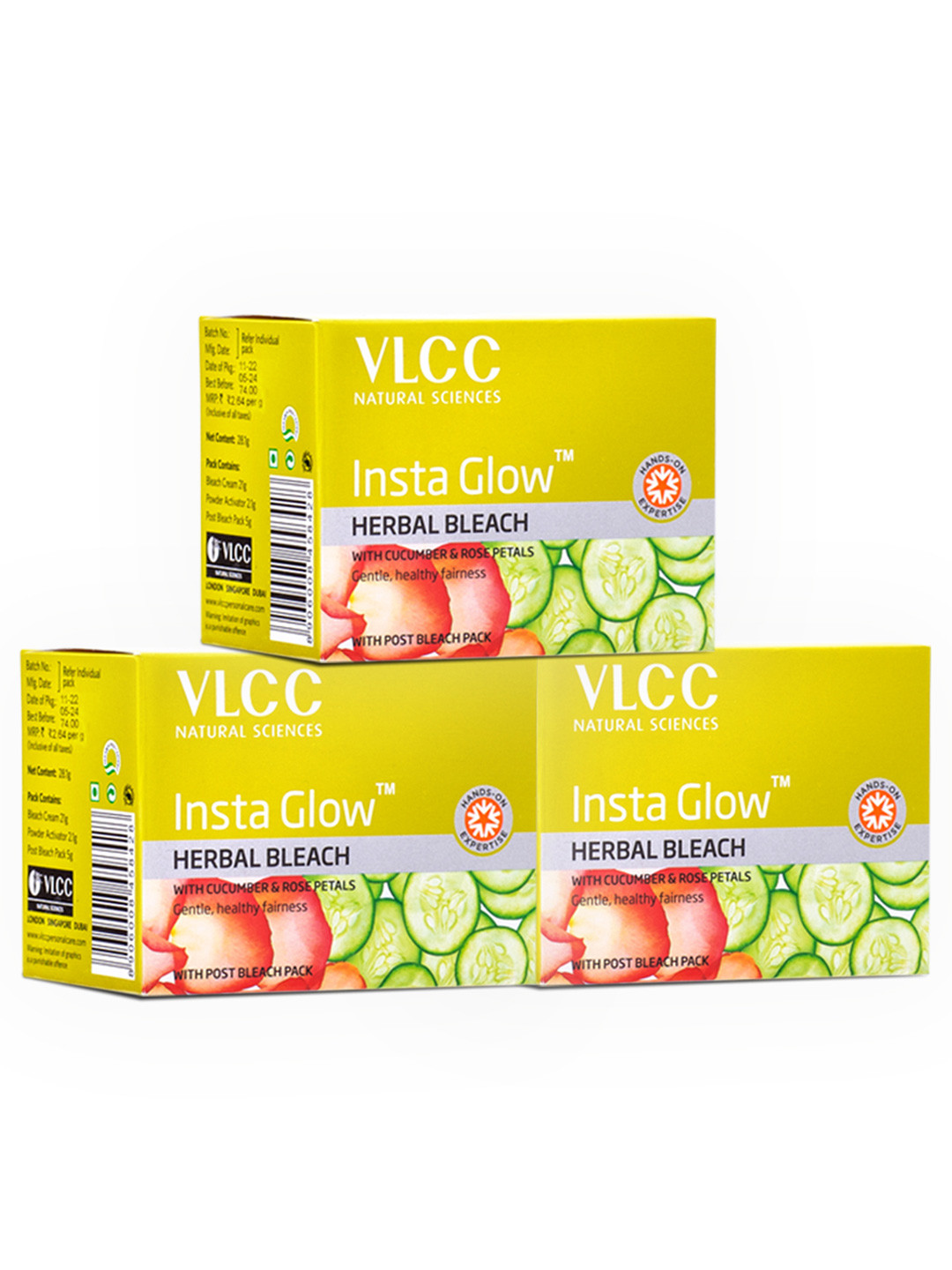 VLCC Set Of 3 Insta Glow Herbal Bleach With Cucumber & Rose Petals - 27 g Each