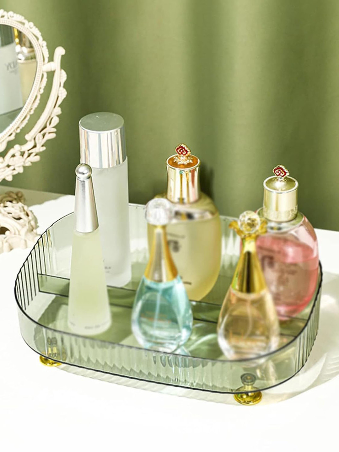 HOUSE OF QUIRK Green & Transparent Textured Acrylic Oval Makeup Organiser