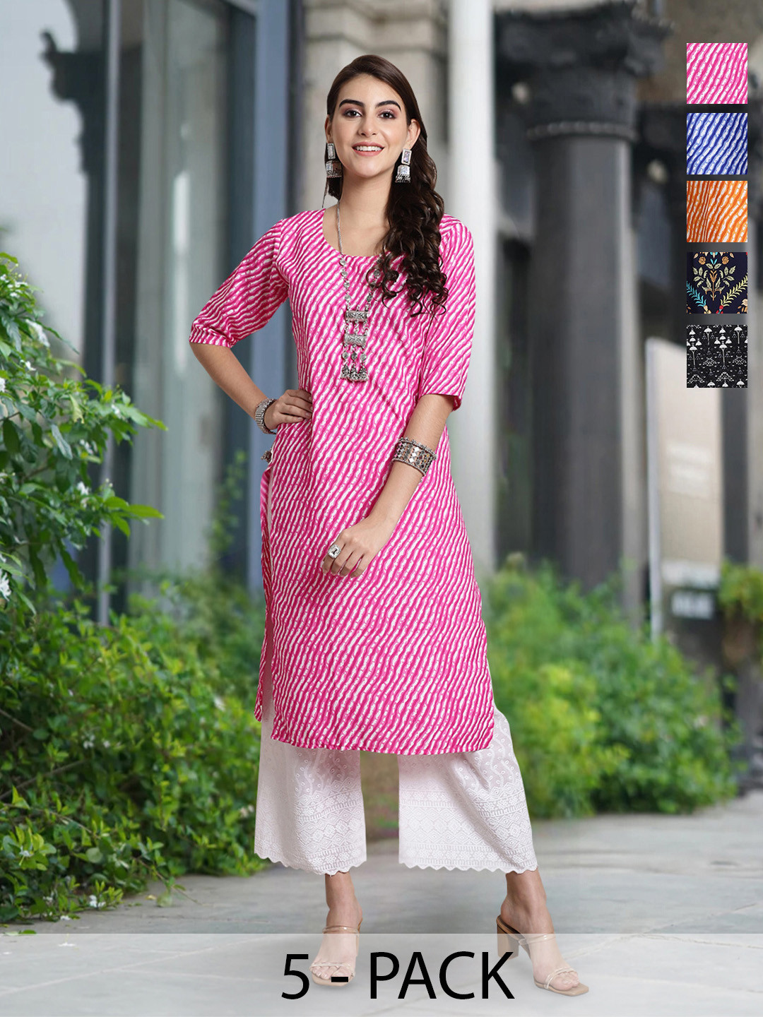 Moda Rapido Selection Of 5 Leheriya Printed Round Neck Straight Kurtas