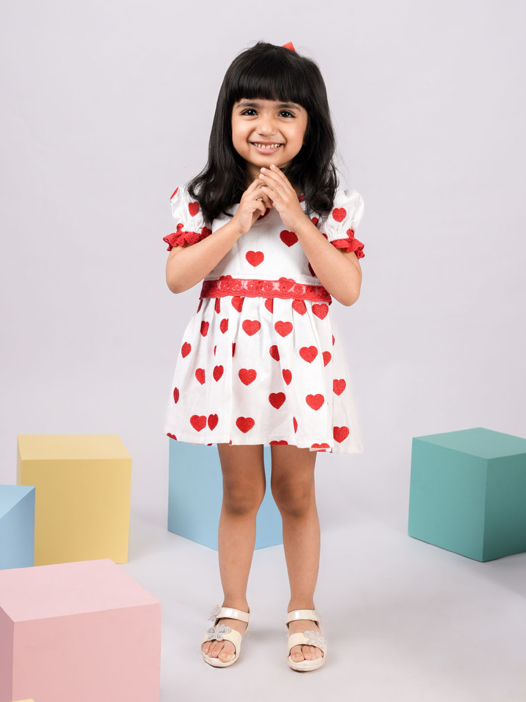 VASTRAMAY Girls Embroidered Puff Sleeve Lace Insert Detail Fit & Flare Dress