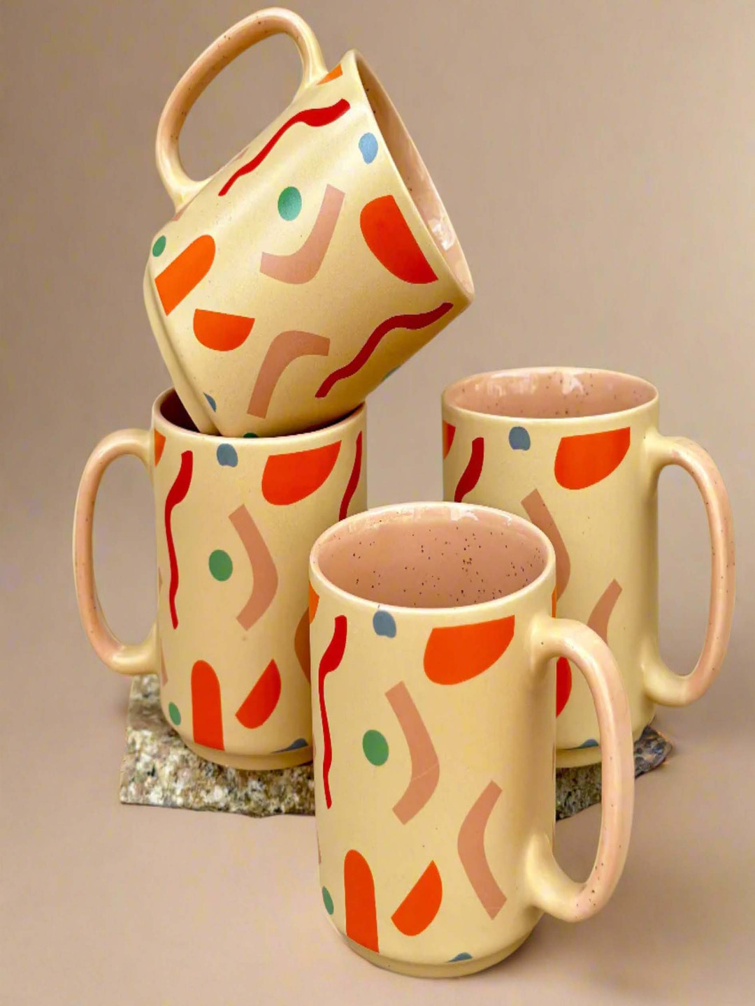 NURTURE INDIA Falak Beige Geometric Ceramic Microwave Safe 4 Piece Mugs-400ml
