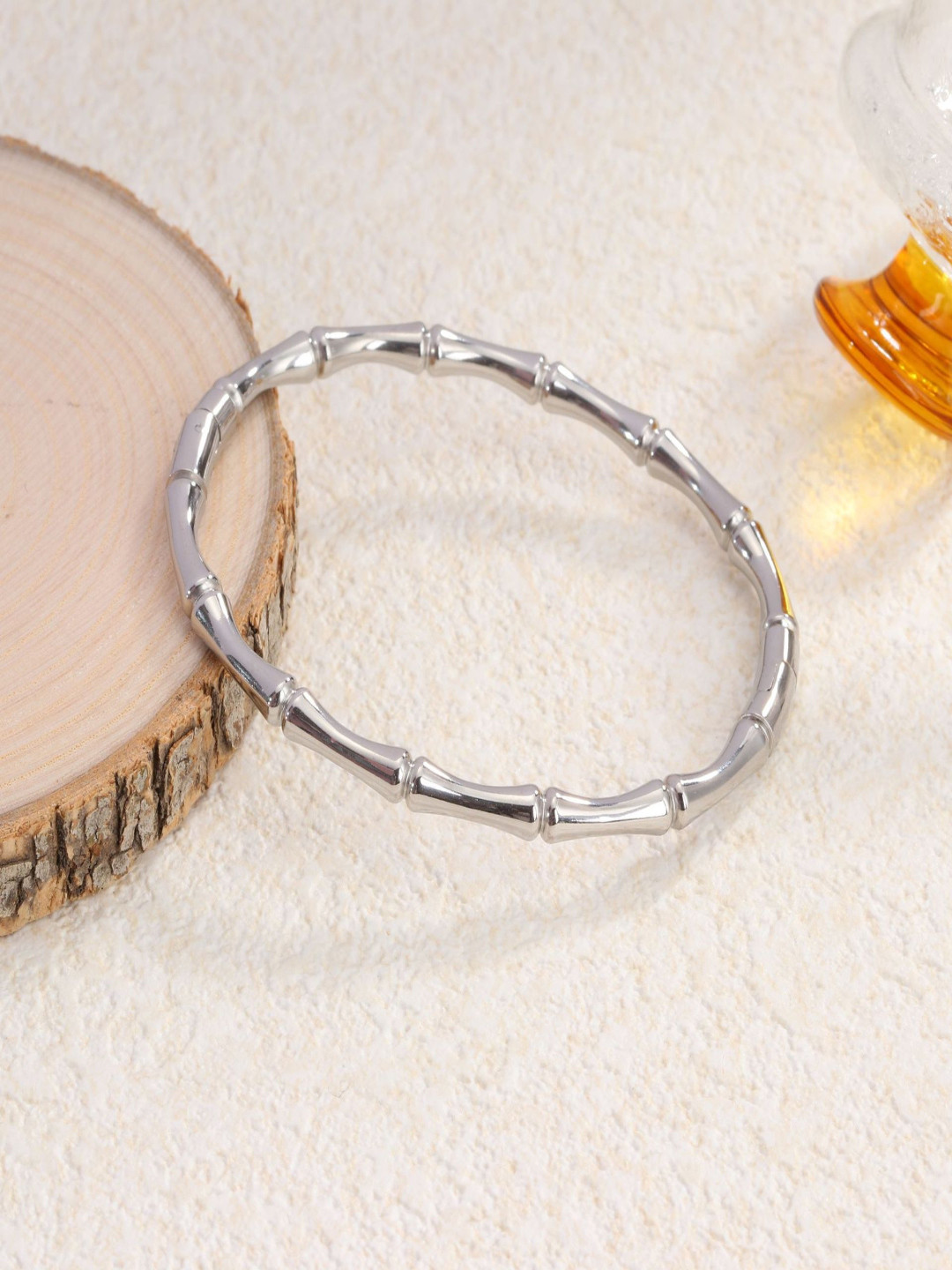 AQUASTREET 18K Silver Plated Waterproof Anti-Tarnish Bamboo Design Bangle Bracelet
