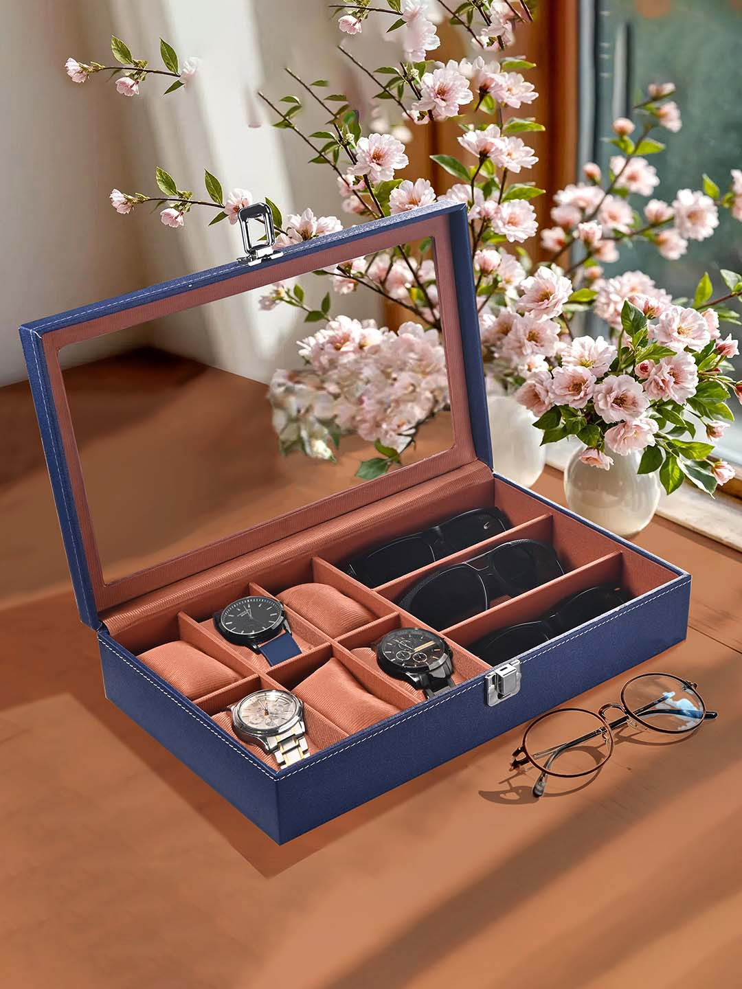 Myntra Elegant Homes Navy Blue Premium Faux Leather 6+3 Slots Watch Storage Organisers