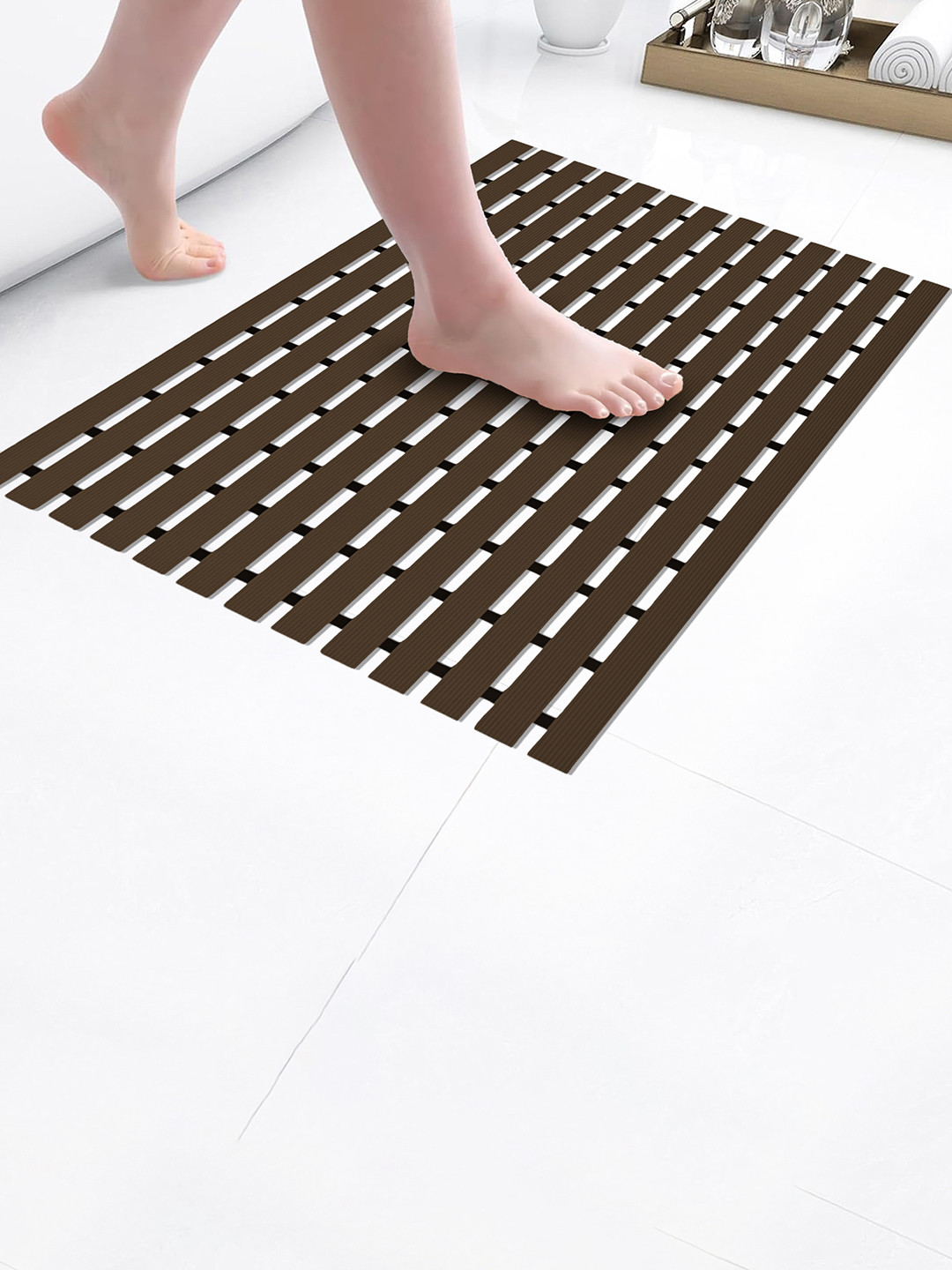Myntra Elegant Homes Brown Stripe Design Anti-Skid Bath Rug