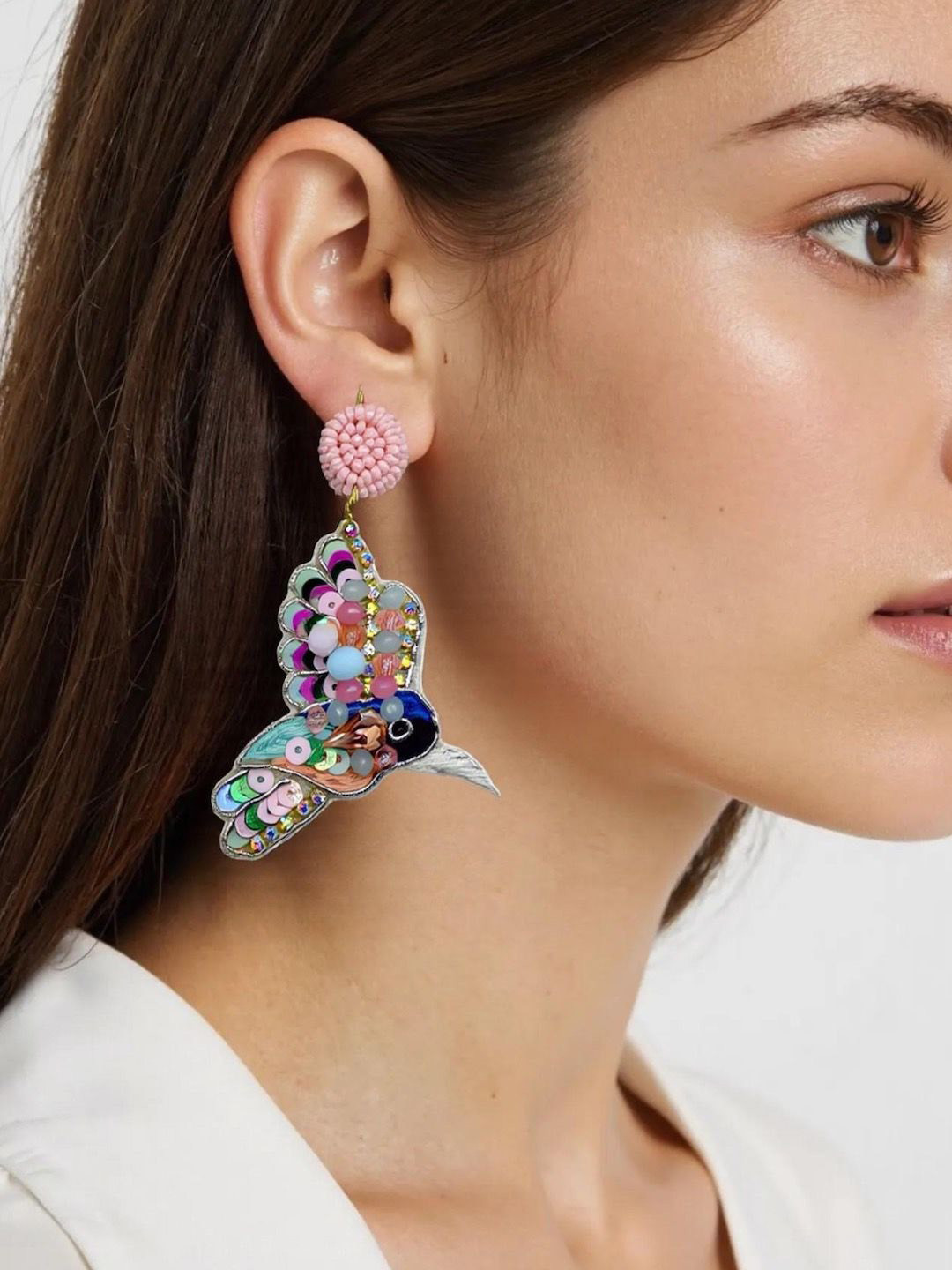 Digital Dress Room Artificial Stone Studded & Beaded Classic Hummingbird Drop Earrings