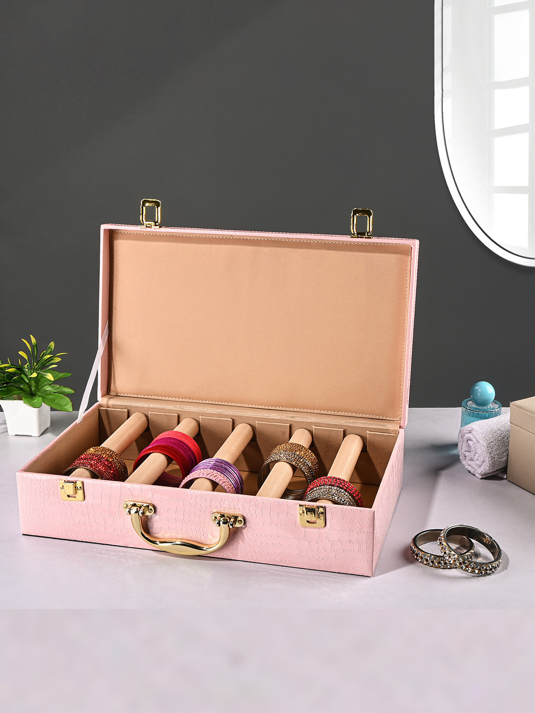 Myntra Elegant Homes Pink 5 Rod Premium Faux Leather Bangles Box Jewellery Organiser