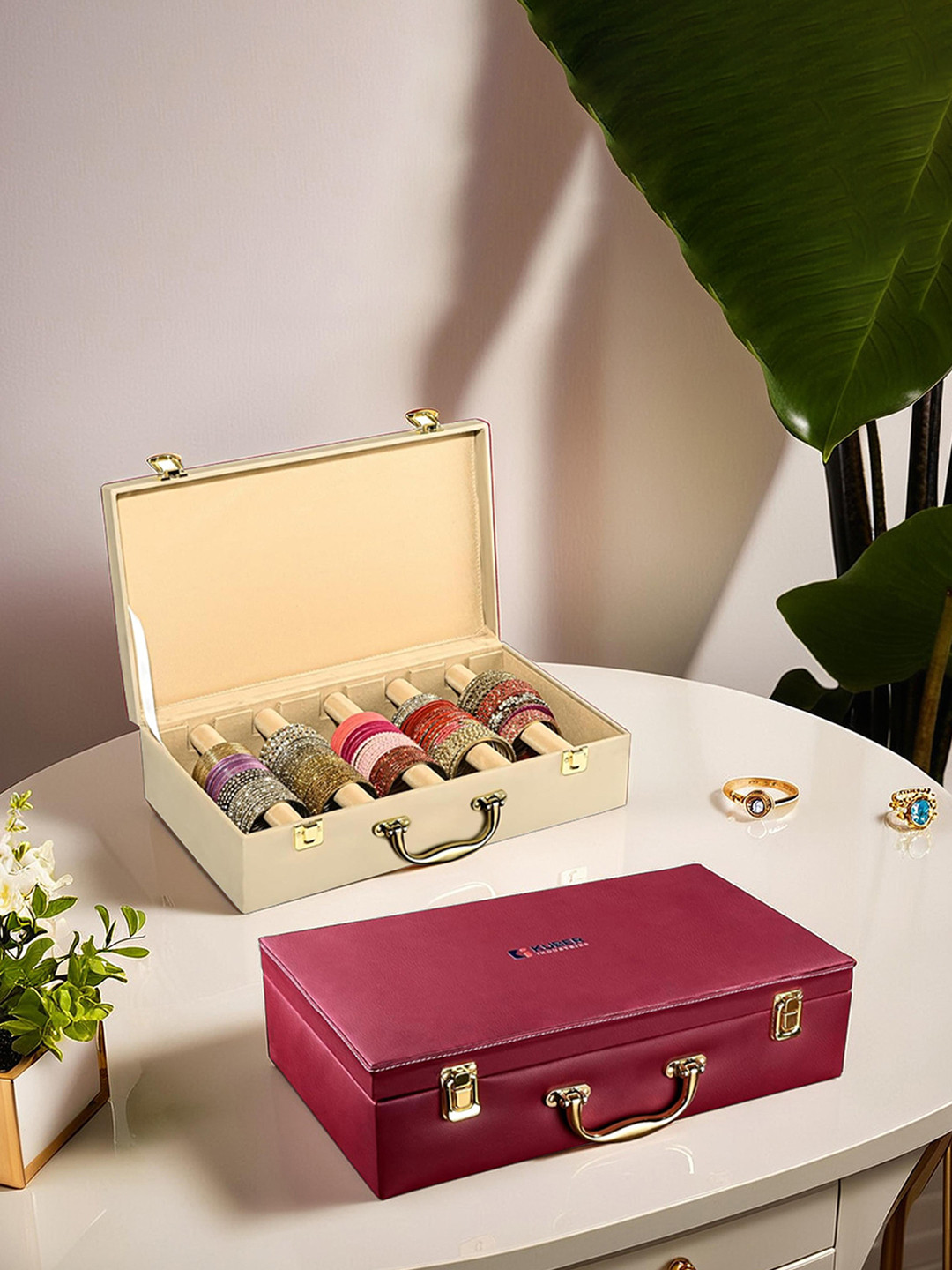 Aura Beige & Maroon 2 Pcs 5 Rod Premium Leather Bangle Box Chudi Box Jewellery Organiser