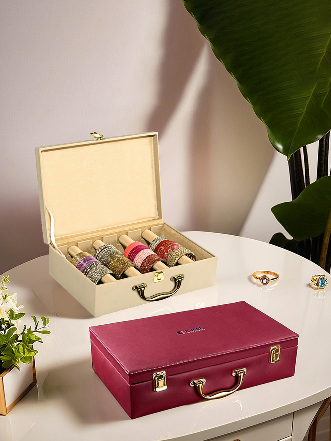 Aura Beige & Maroon 2 Pcs 4 Rod Premium Leather Bangle Box Chudi Box Jewellery Organiser