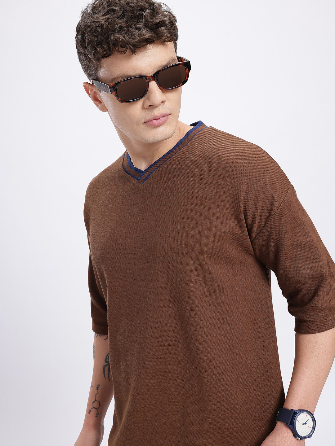 glitchez Ribbed V-Neck Oversized T-shirt