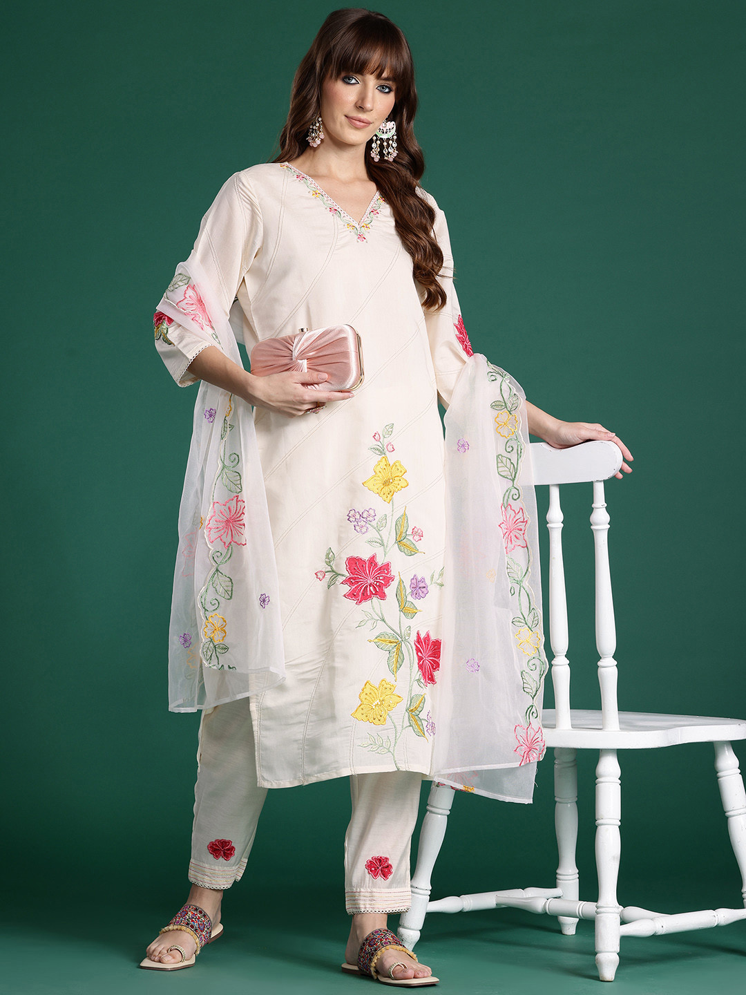 Indo Era Floral Embroidered Thread Work Kurta with Trousers & With Dupatta