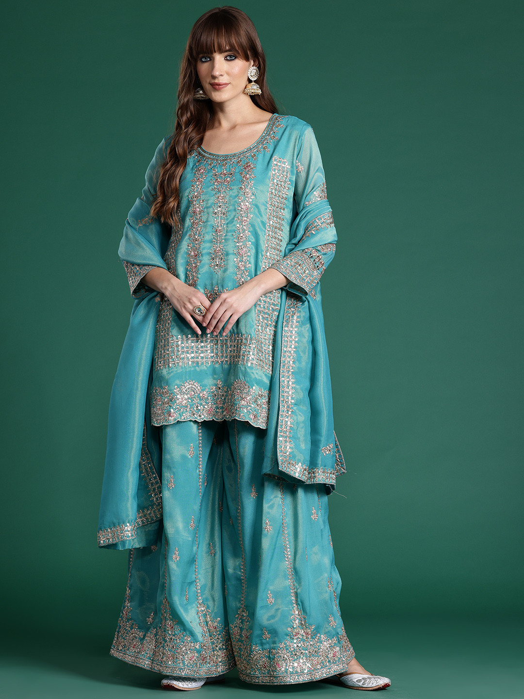 Indo Era Ethnic Motifs Embroidered Sequinned Kurta with Palazzos & With Dupatta