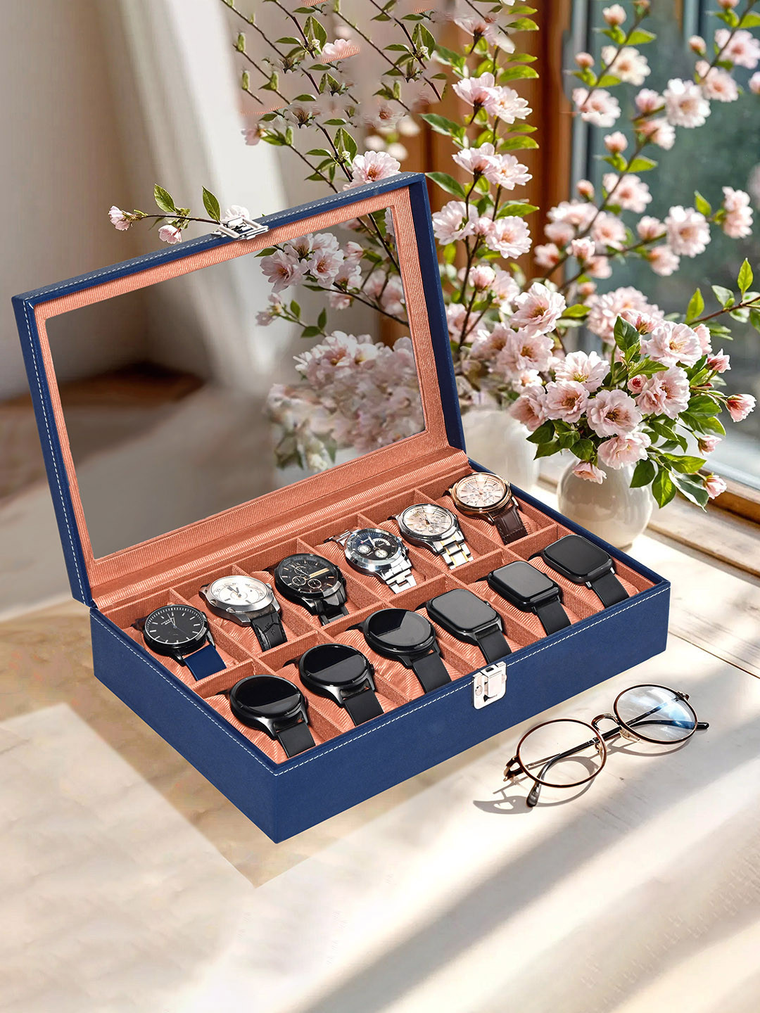 Aura Navy Blue Premium Faux Leather See Through 12 Slots Wrist Watch Organiser Box