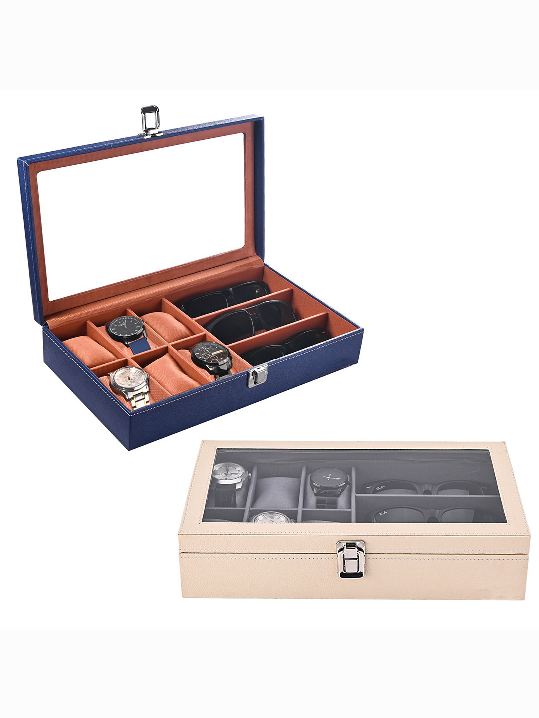 Aura Grey Set of 2 Leather 6+3 Slots Wrist Watch Organiser Box & Sunglasses Storage Box