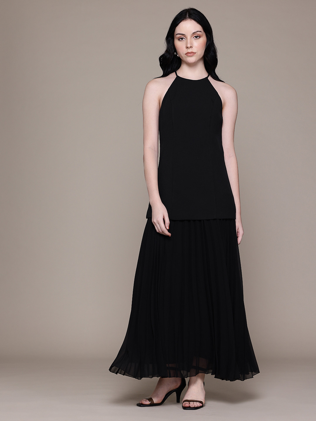 MANGO Accordian Pleats Shoulder Straps Party Fit & Flare Maxi Dress