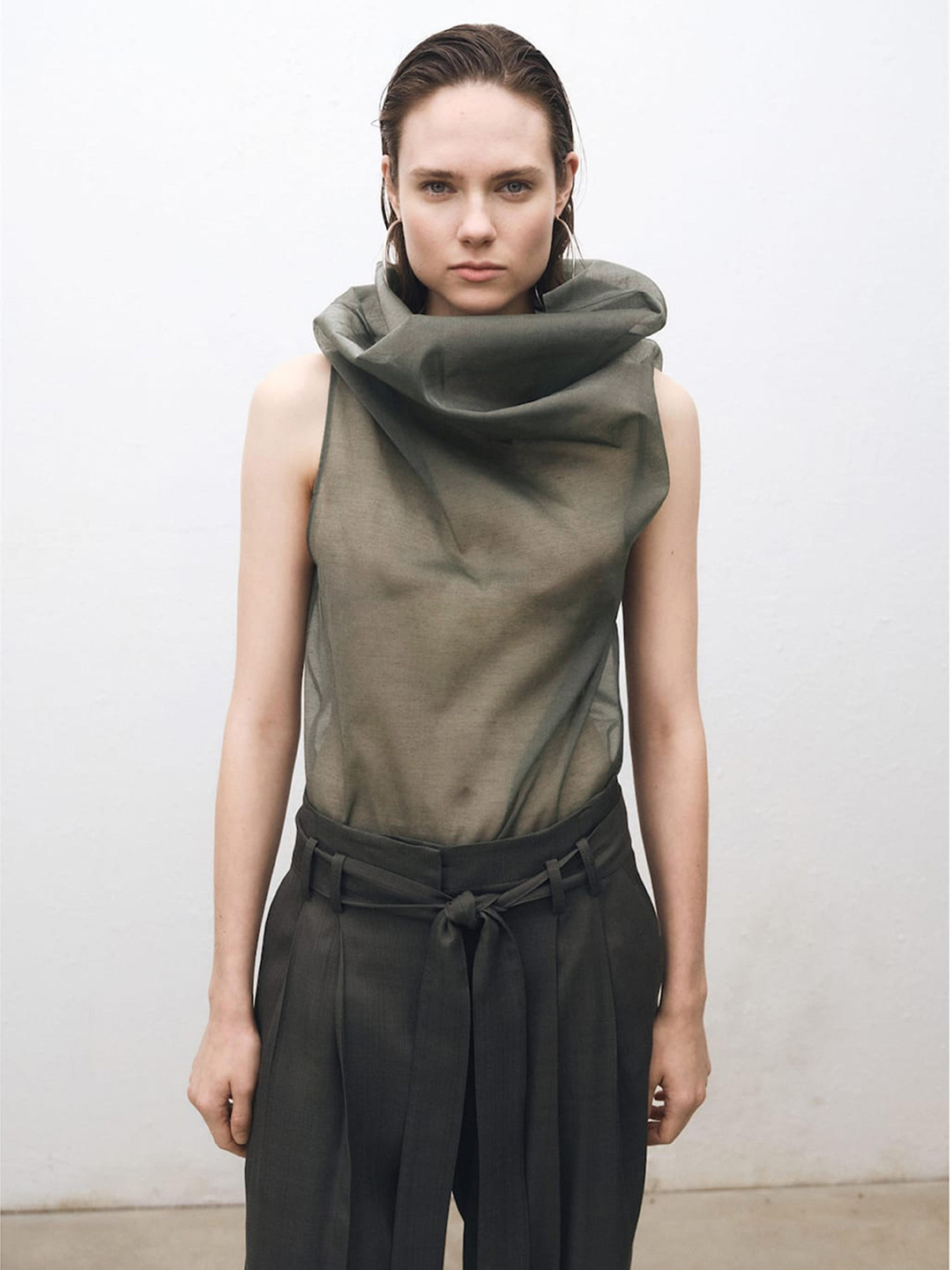 MANGO SELECTION Asymmetric Drape Neck Semi Sheer Top