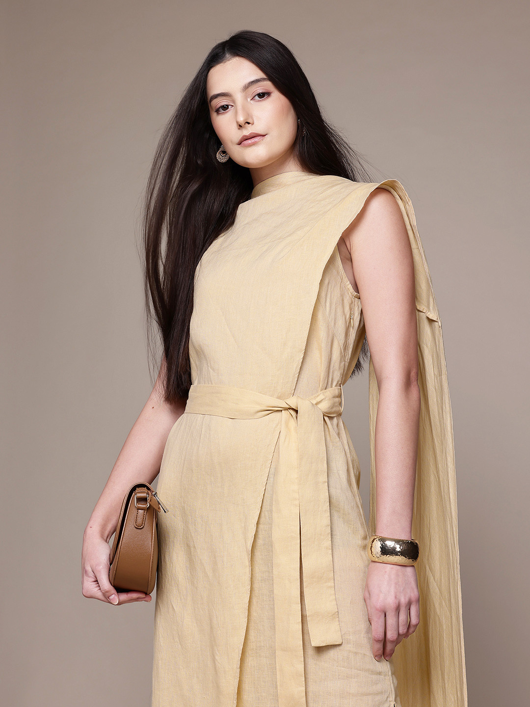 MANGO Pure Linen Belted Elongated Drape A-Line Dress