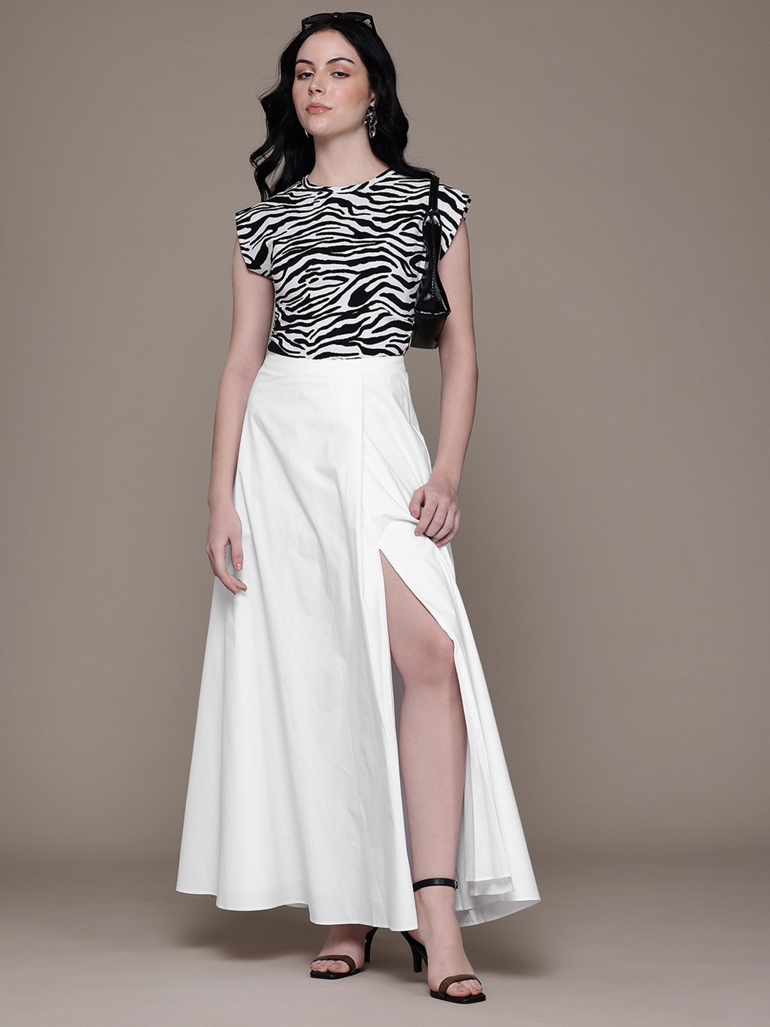 MANGO High-Rise Pure Cotton Maxi Flared Skirt with Thigh-High Slit
