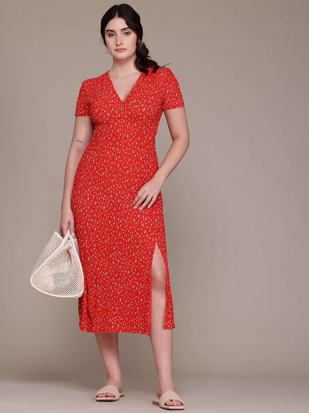 MANGO Floral Printed Plisse Effect Midi Slip-On Empire Dress with High-Slit