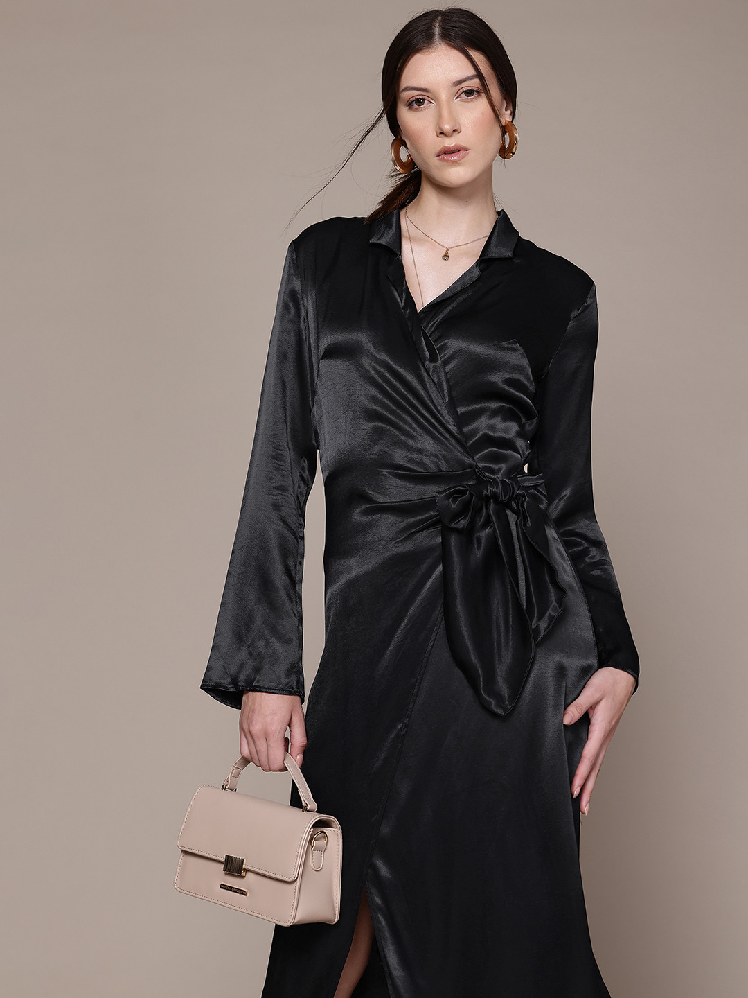 MANGO Satin Belted Wrap Midi Dress