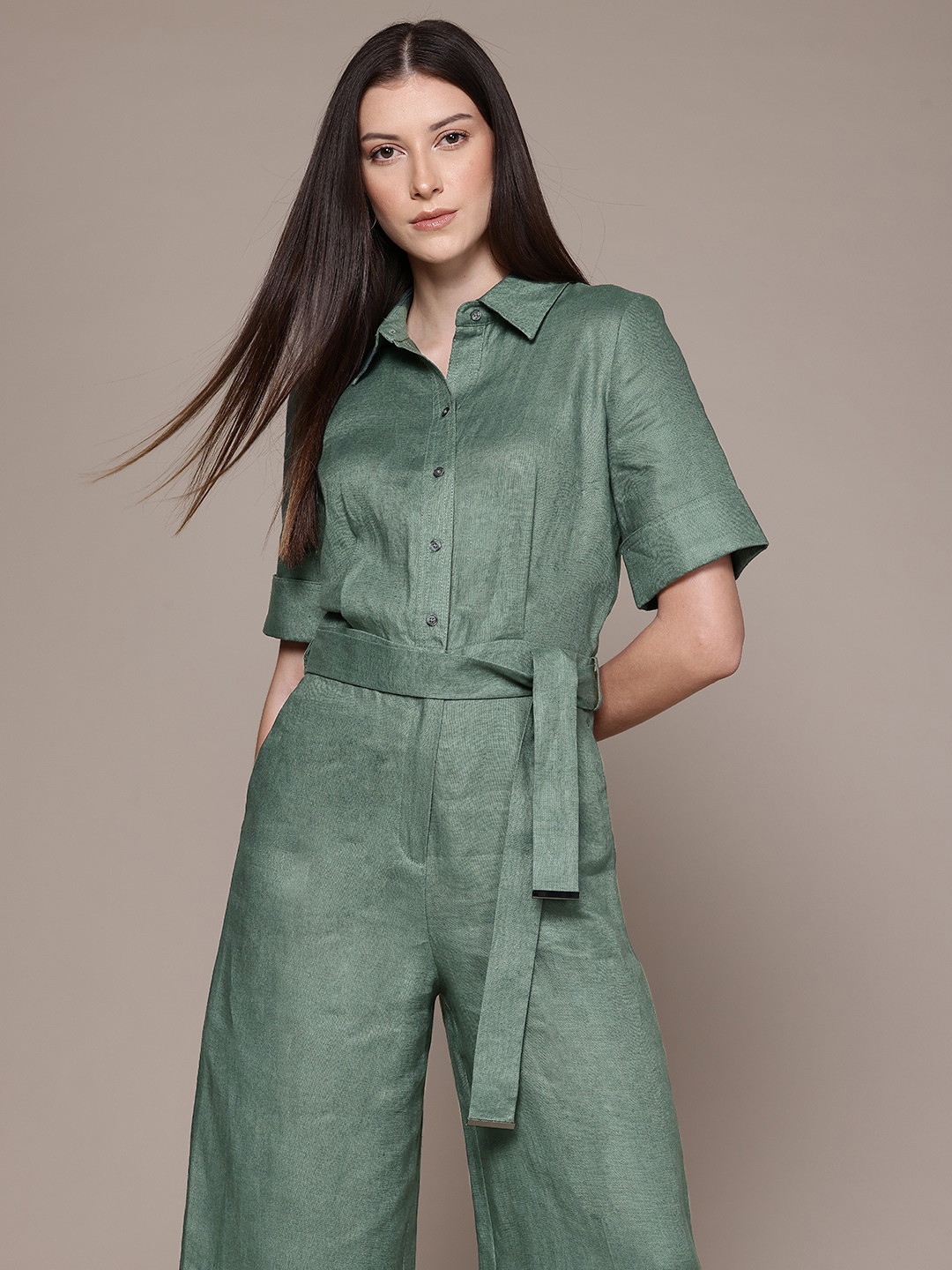 MANGO Pure Linen Basic Jumpsuit With a Belt