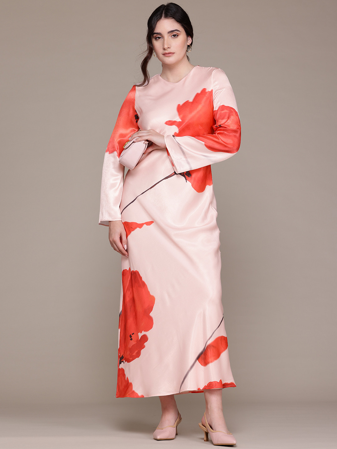 MANGO Floral Print Party Satin Maxi Shift Dress