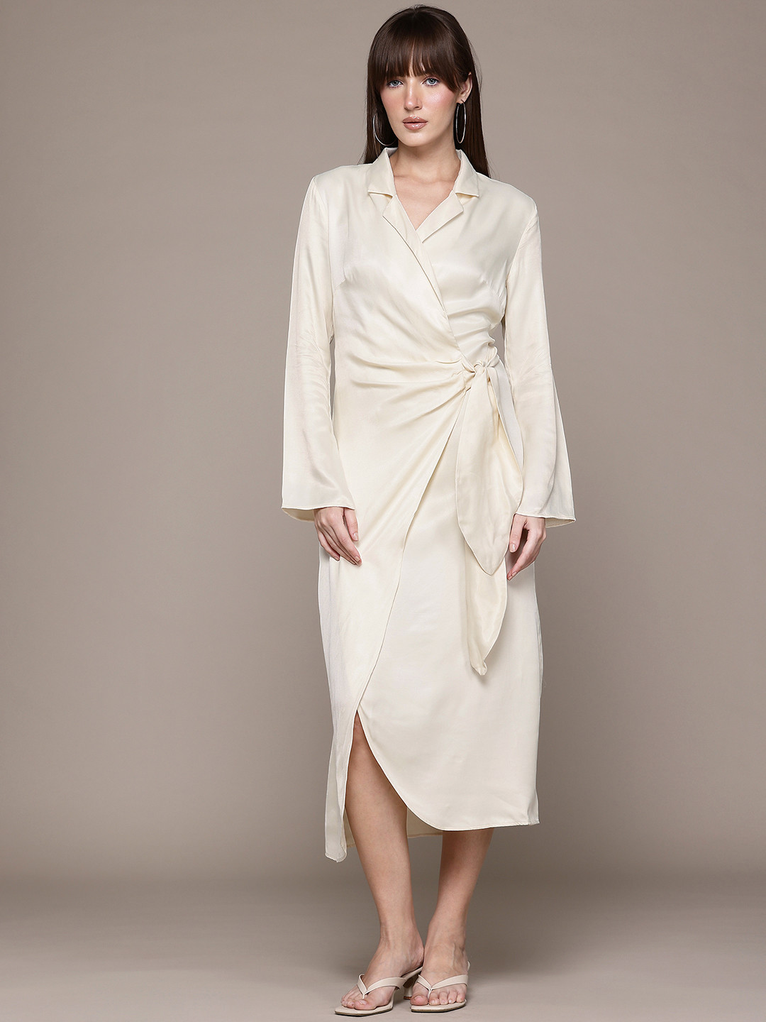 MANGO Lapel Collar Belted Detail Flared Sleeves Wrap-Style Satin Party Midi Blazer Dress