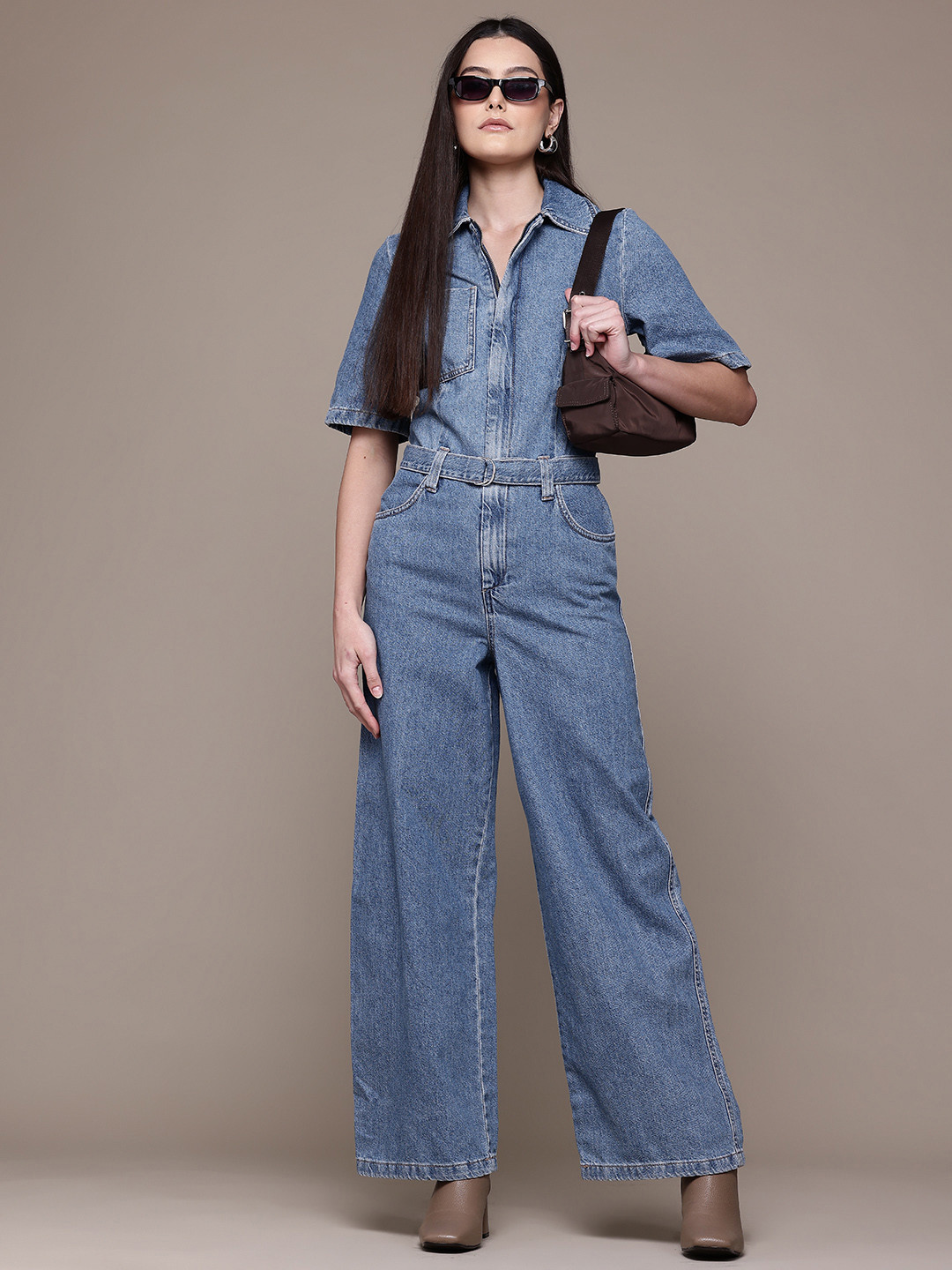 MANGO Pure Cotton Belted Denim Jumpsuit
