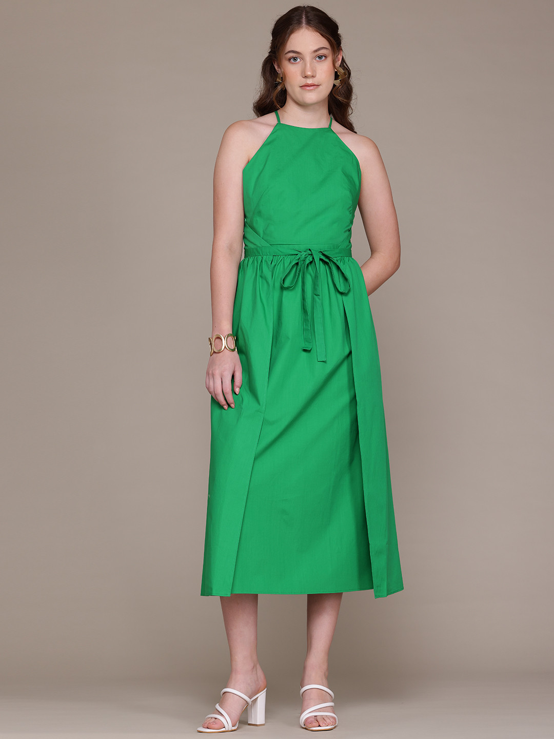 MANGO Shoulder Straps Cotton-Poplin Belted Detail Midi A-Line Dress