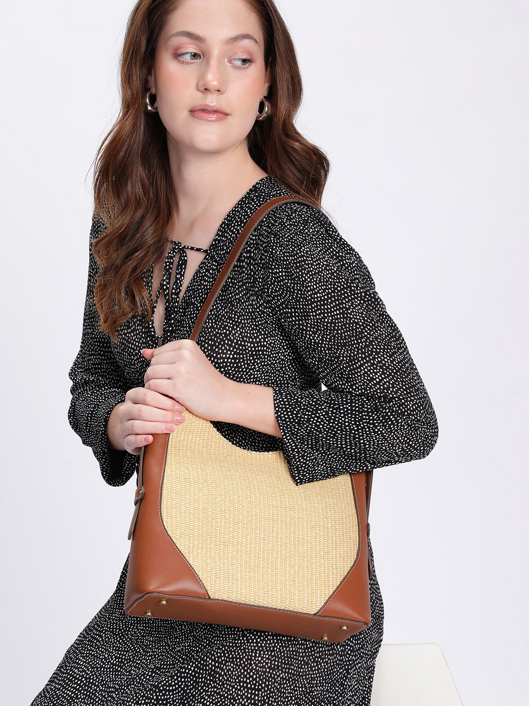 MANGO Textured Raffia-Effect Structured Shoulder Bag