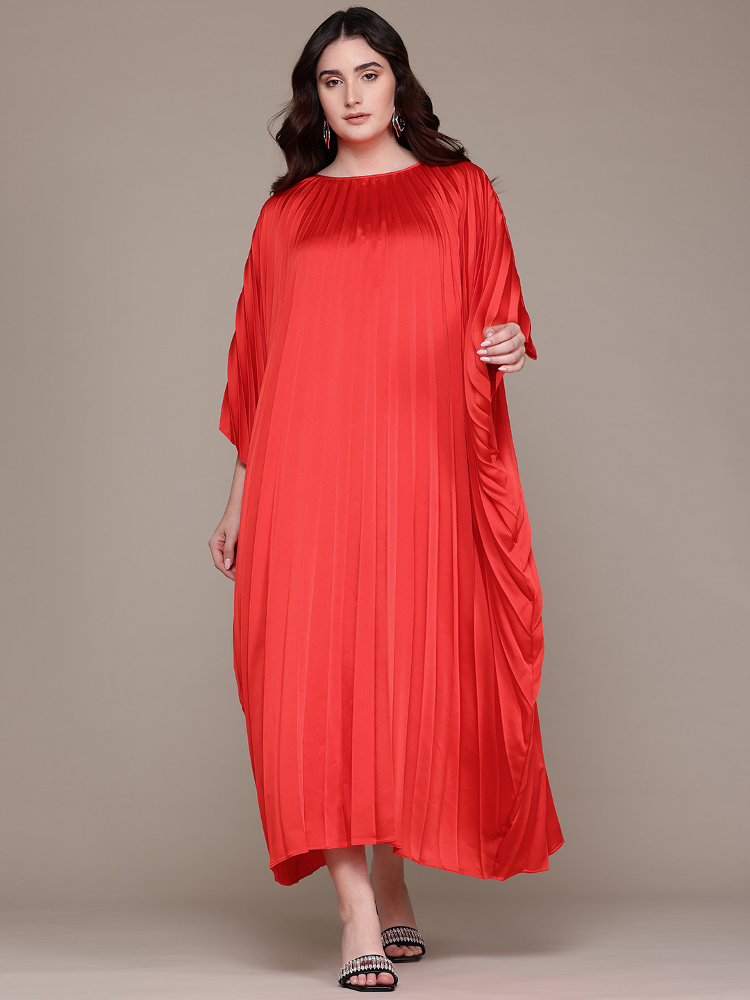 MANGO Accordian Pleats Kimono Sleeves Party Satin Kaftan Maxi Dress