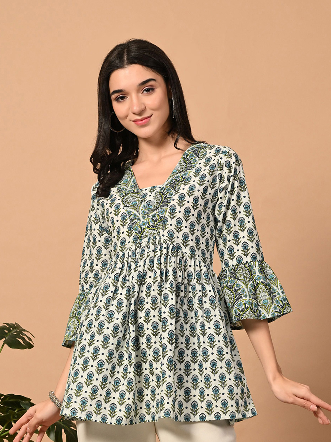 Aktasa Women Floral Print Flared Sleeve Cotton Empire Top