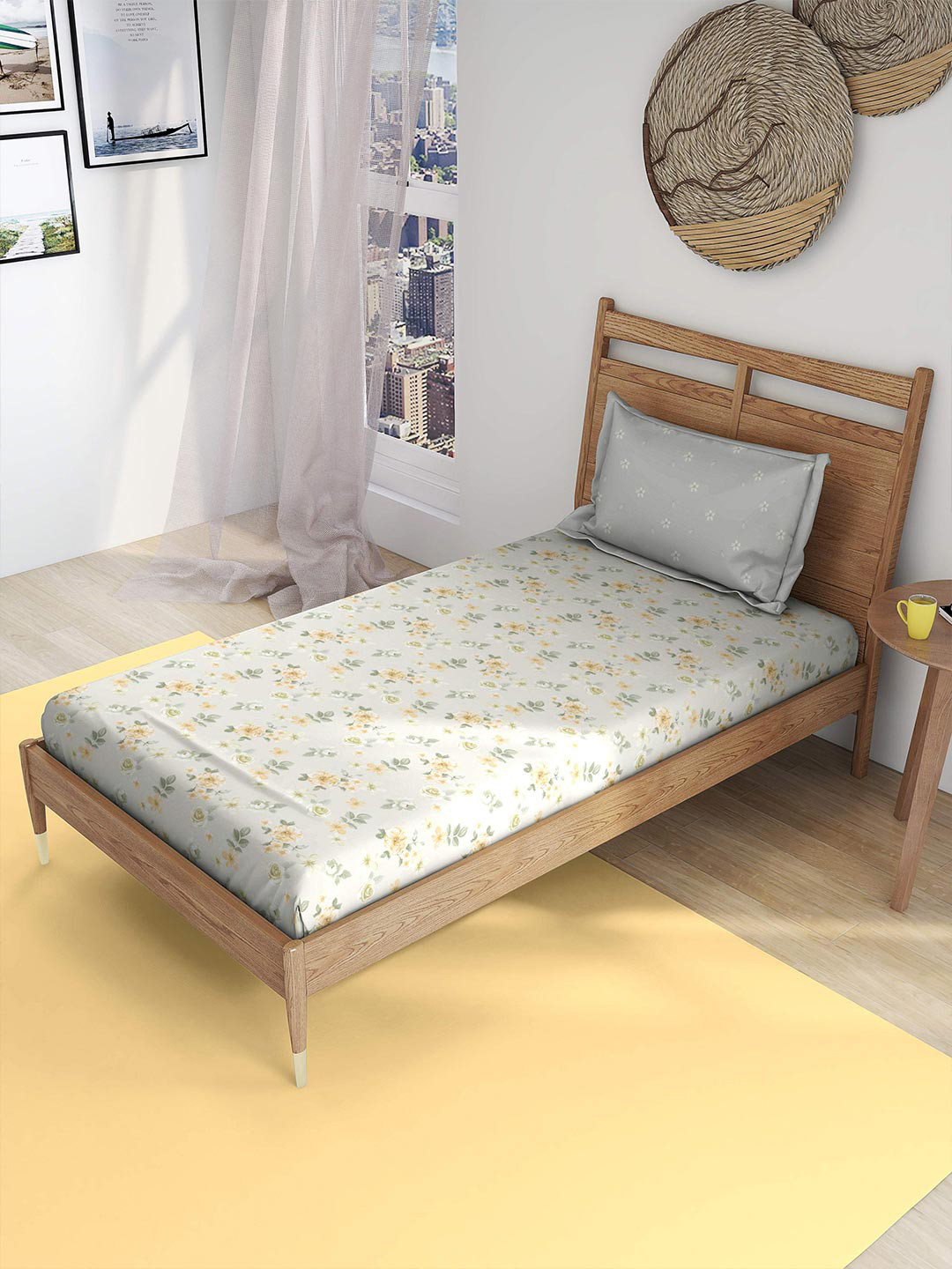 The Happy Pod Hawa Mahal Off White Floral Microfiber 160 TC Single Bedsheet with a Pillow Cover-60 x 90 inches