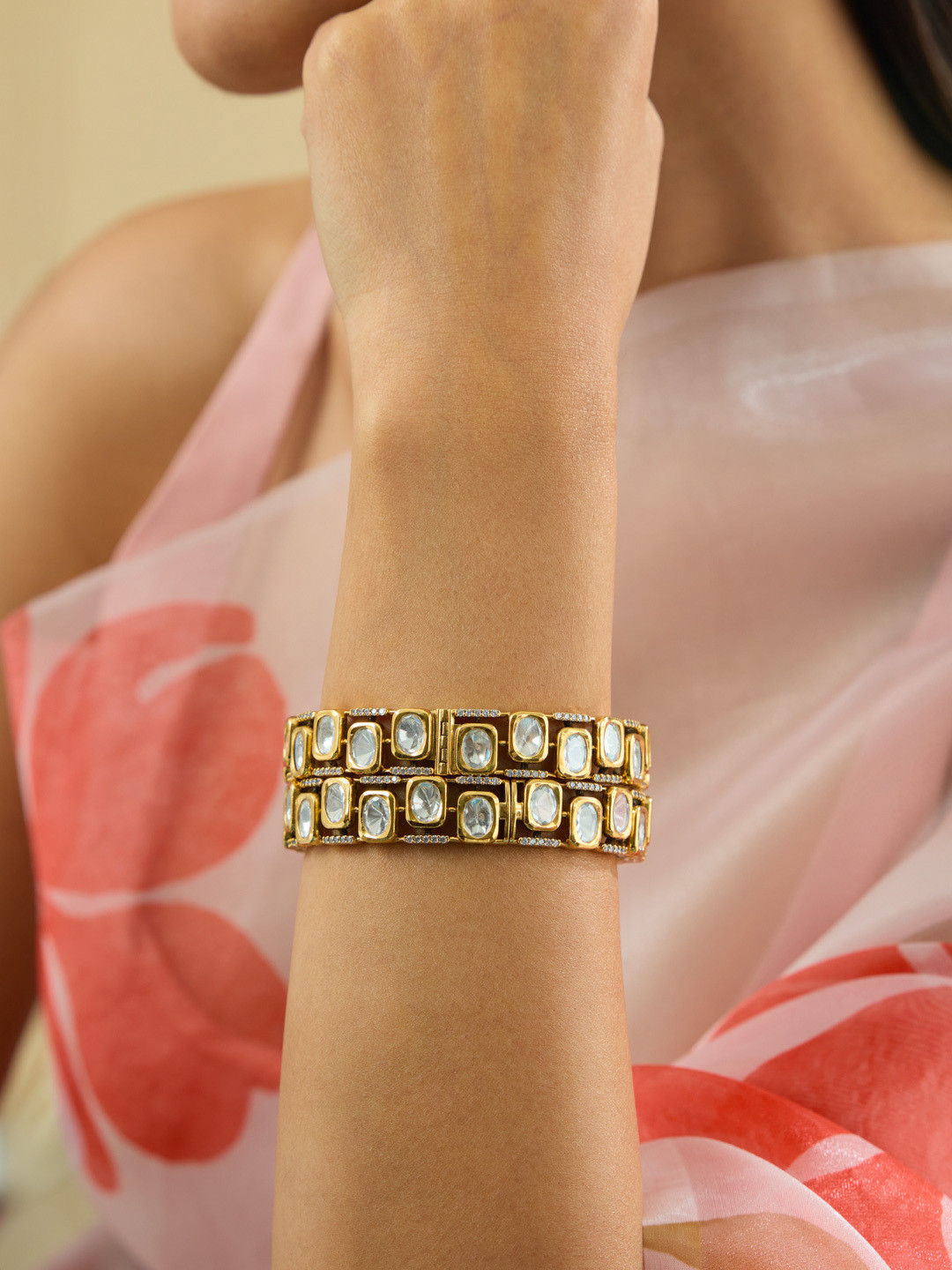 Kushal's Fashion Jewellery Embellished Bridal Set Of 2Victorian Kundan Cuff Bracelet