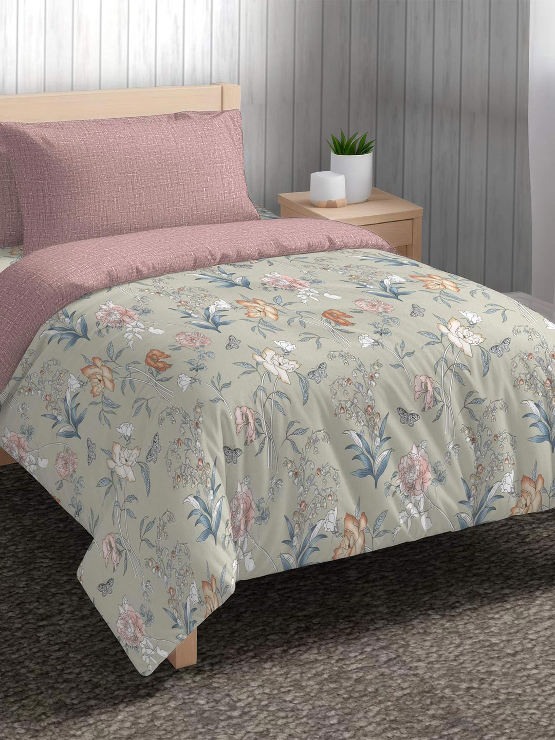 The Happy Pod Khaki & Blue Floral Microfiber AC Room 150 GSM Single Bed Comforter