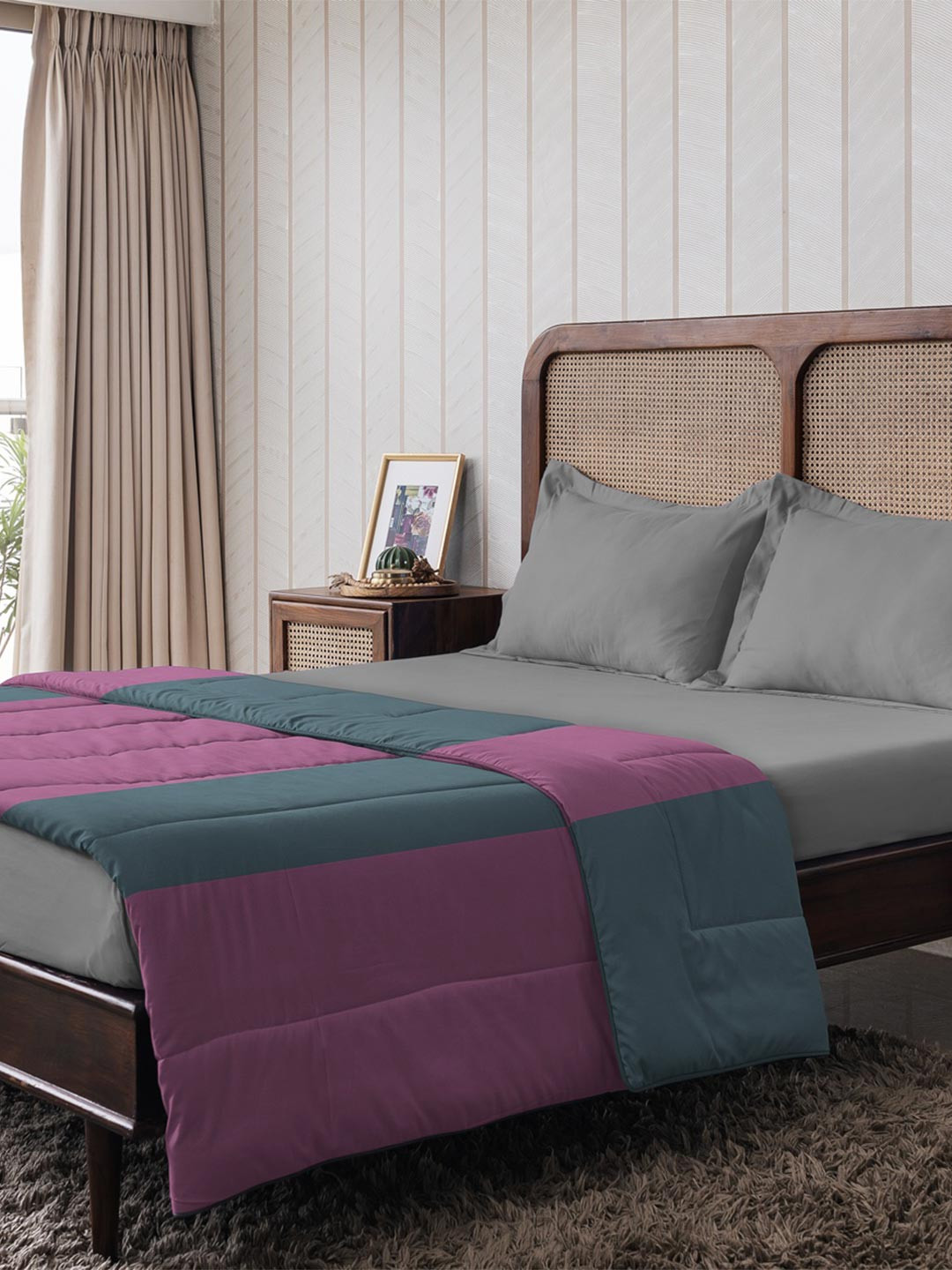 The Happy Pod Purple & Grey Striped Microfiber AC Room 150 GSM Double Bed Comforter