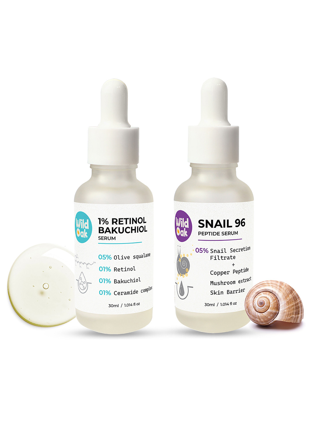 Wild Oak Set of Snail 96 Peptide & 1% Retinol Bakuchiol Face Serum - 30 ml each