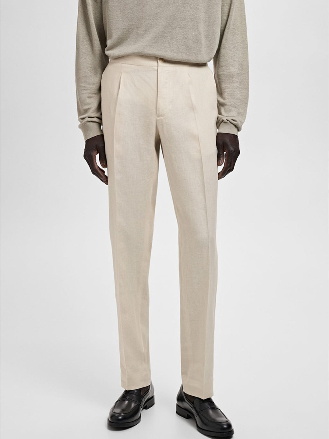 MANGO MAN Seersucker Slim Fit Pure Linen Pleated Trousers