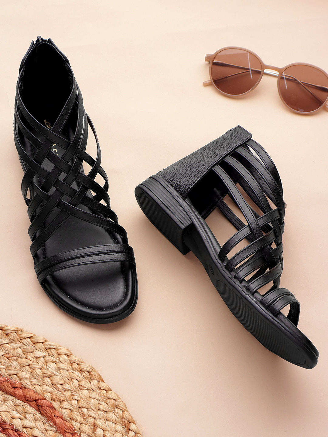 TRASE Black Strappy Gladiators Flats