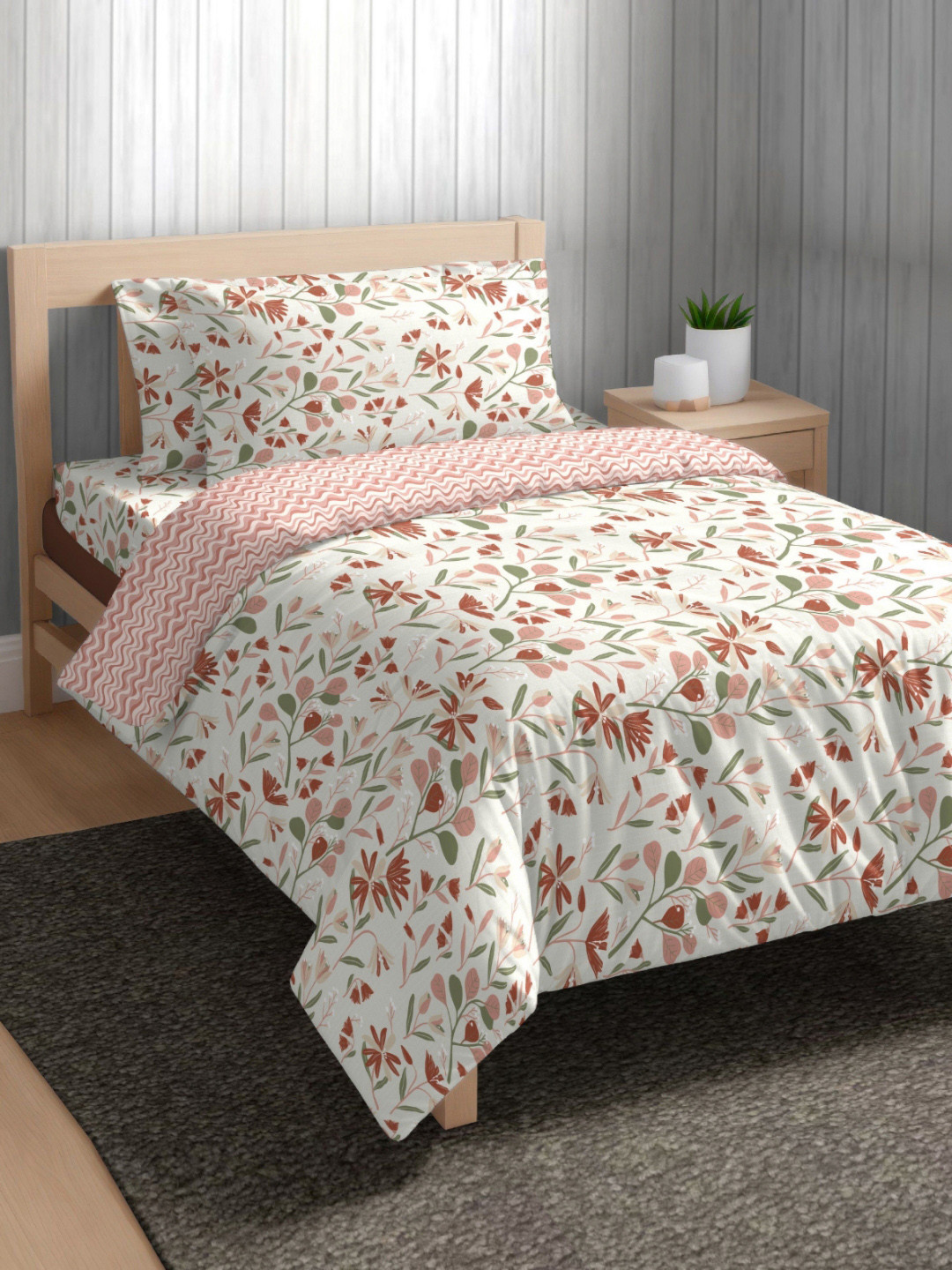 The Happy Pod Hastkala Coral Floral Cotton 144 TC Single Bedsheet with a Pillow Cover-63 x 90 inches