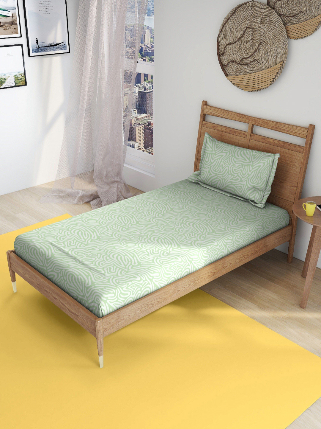 The Happy Pod Green & White Abstract Pure Cotton Flat Single Bedsheet & 1 Pillow Cover