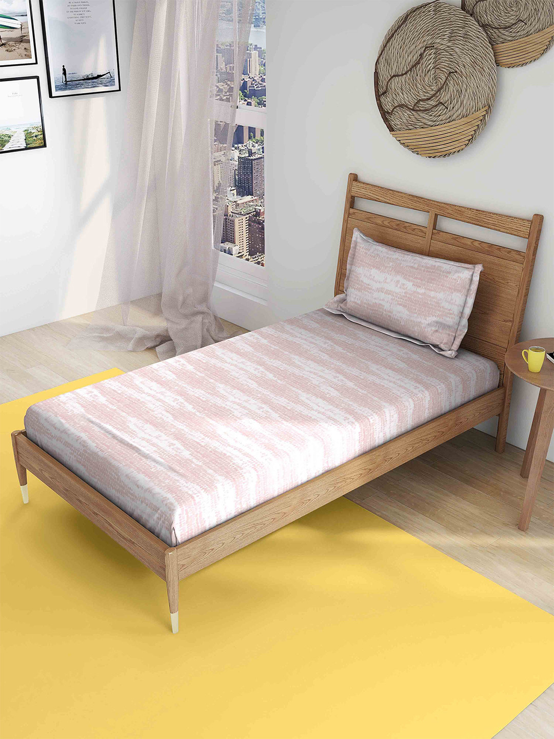 The Happy Pod Serene Cascade Pink Abstract Pure Cotton 144 TC Single Bedsheet with a Pillow Cover-79 x 71 inches