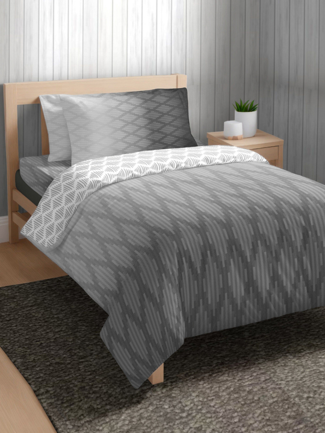 The Happy Pod Ombre Bliss Grey Geometric Pure Cotton 144 TC Double Bedsheet with a Pillow Cover-60 x 88 inches