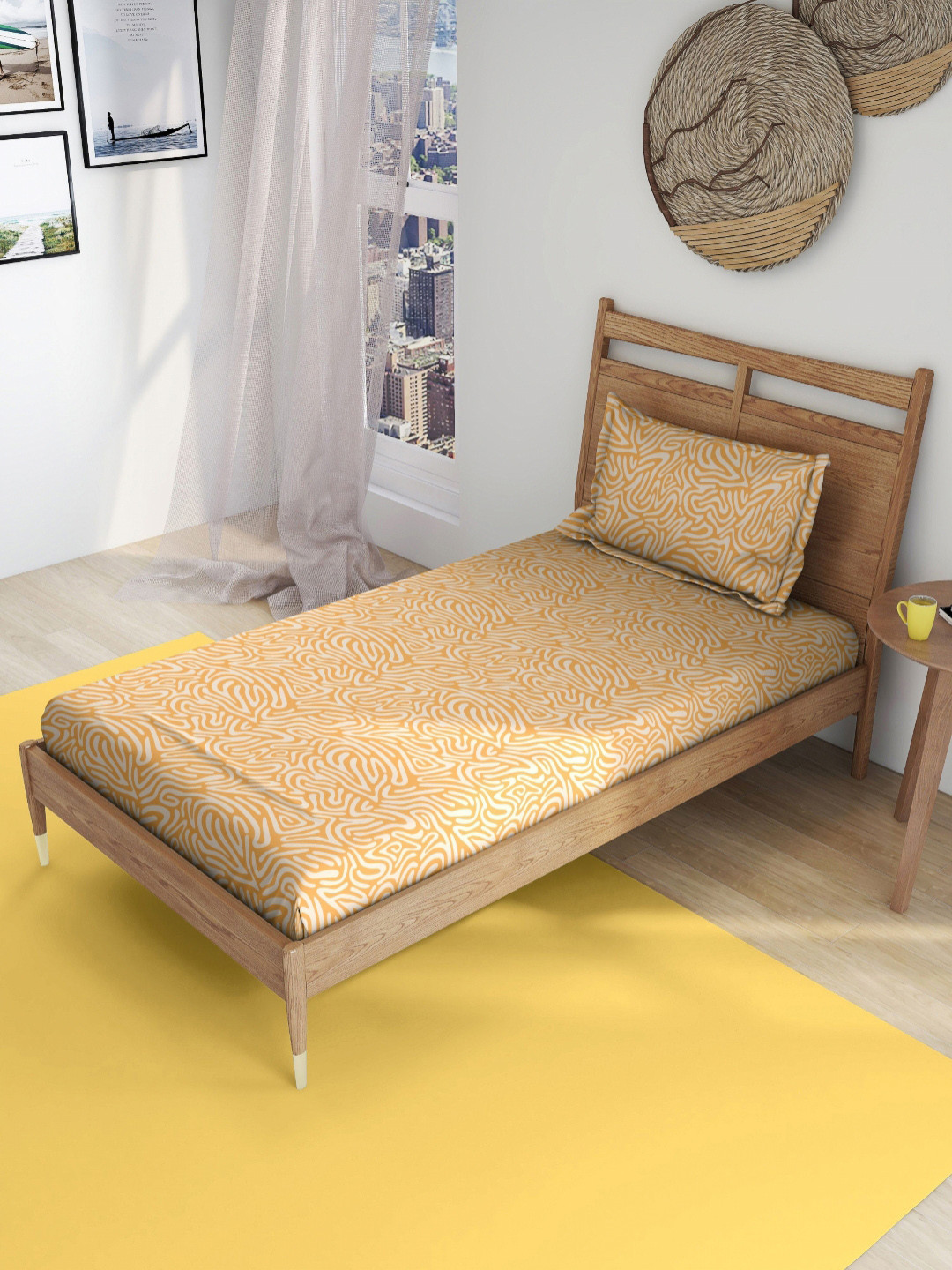 The Happy Pod Besswax Yellow Abstract Pure Cotton 144 TC Single Bedsheet with 2 Pillow Covers-90 x 60 inches