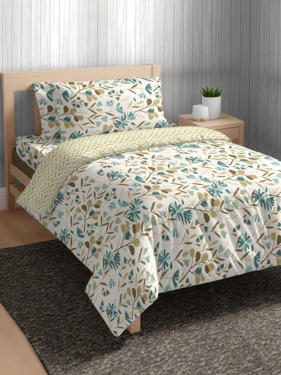 The Happy Pod Olive & White 144 TC Cotton Flat Single Bedsheet & 1 Pillow Cover