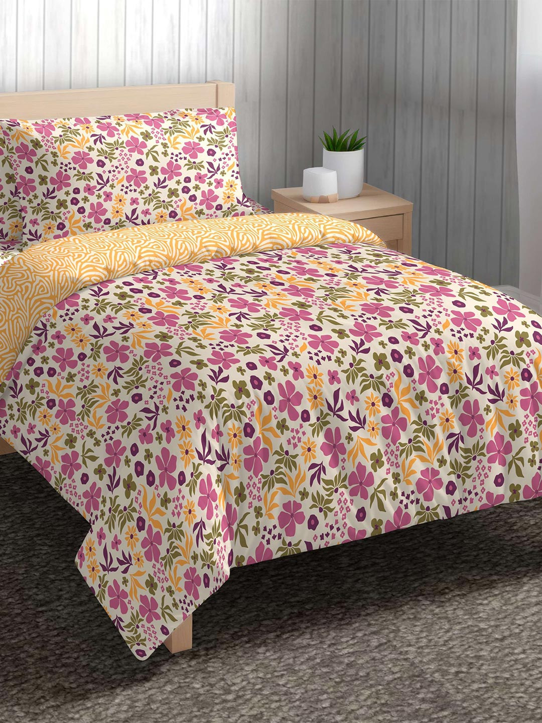 The Happy Pod Pink & Green Floral Pure Cotton 150 GSM Single Bed Comforter