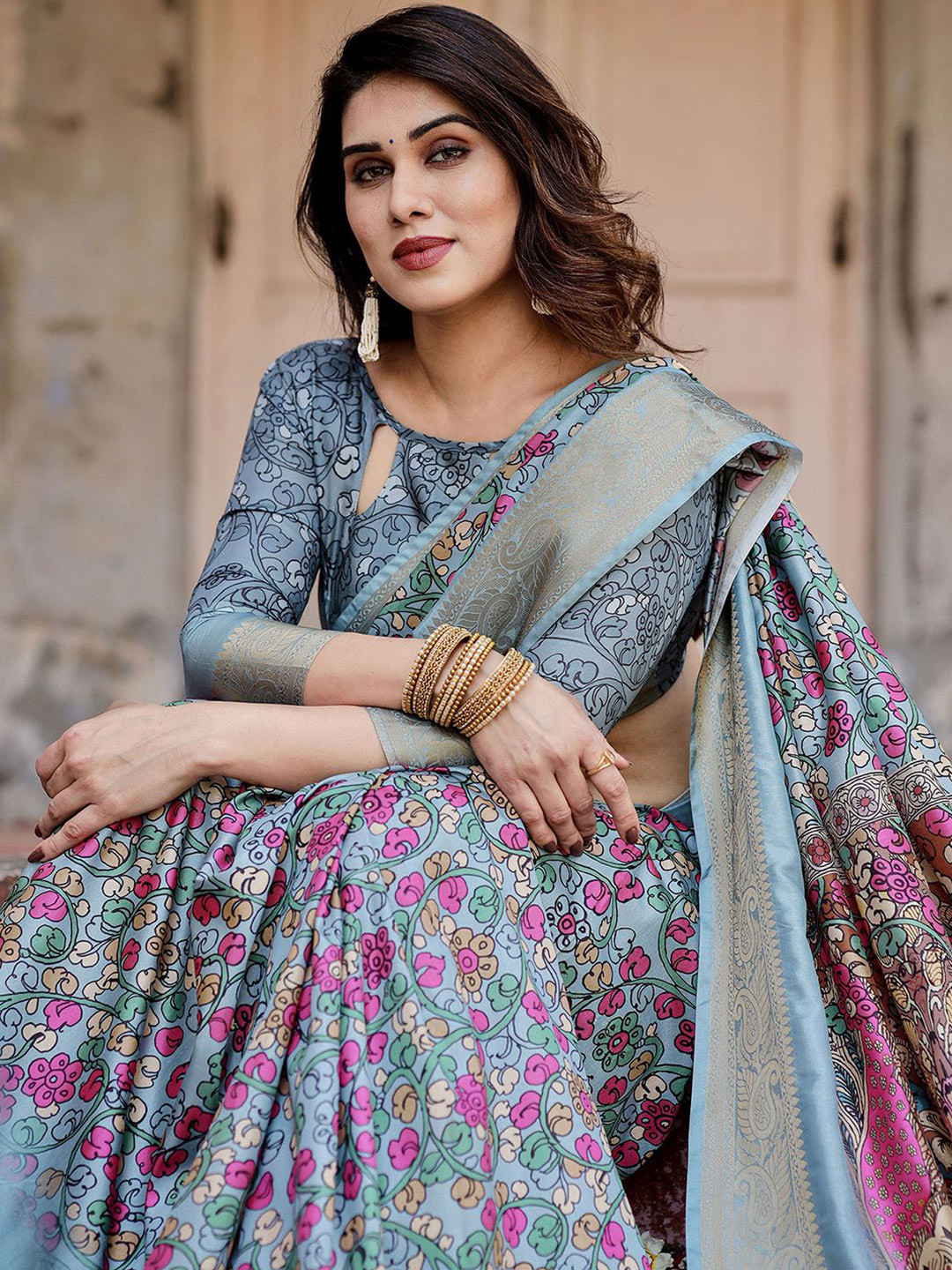 DIVASTRI Kalamkari Printed Woven Design Zari Border Paithani Saree