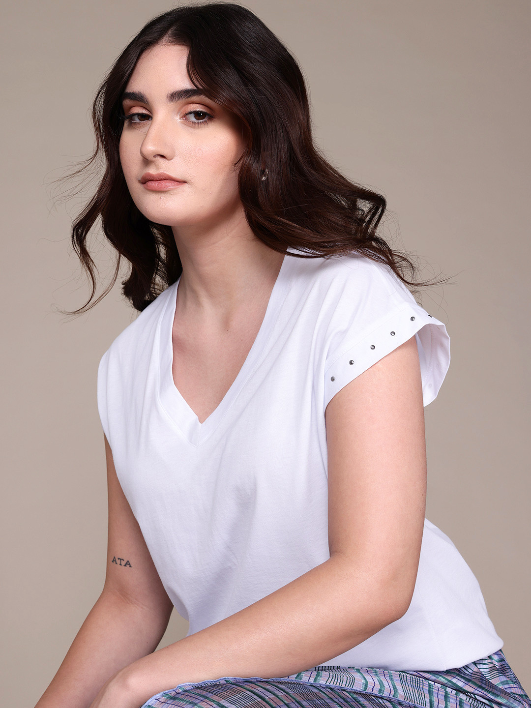 MANGO Studded Detail Extended Sleeve Cotton T-shirt