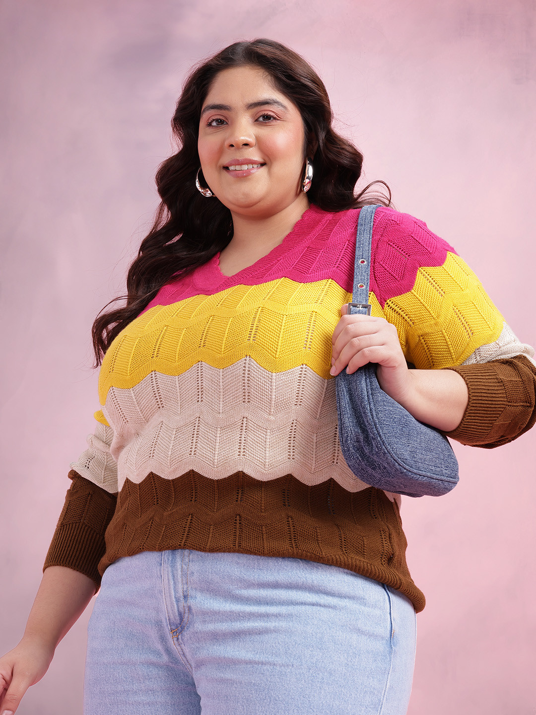 DressBerry Curve Colourblocked V-Neck Open Knit Pullover